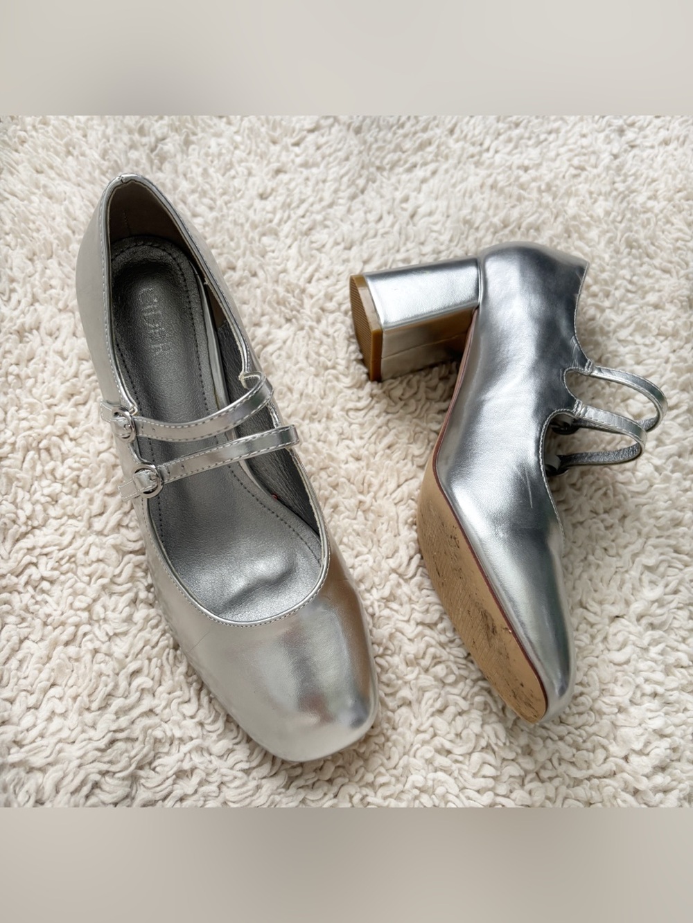 Cider Metallic Silver Double-Strap Mary Jane Block Heels